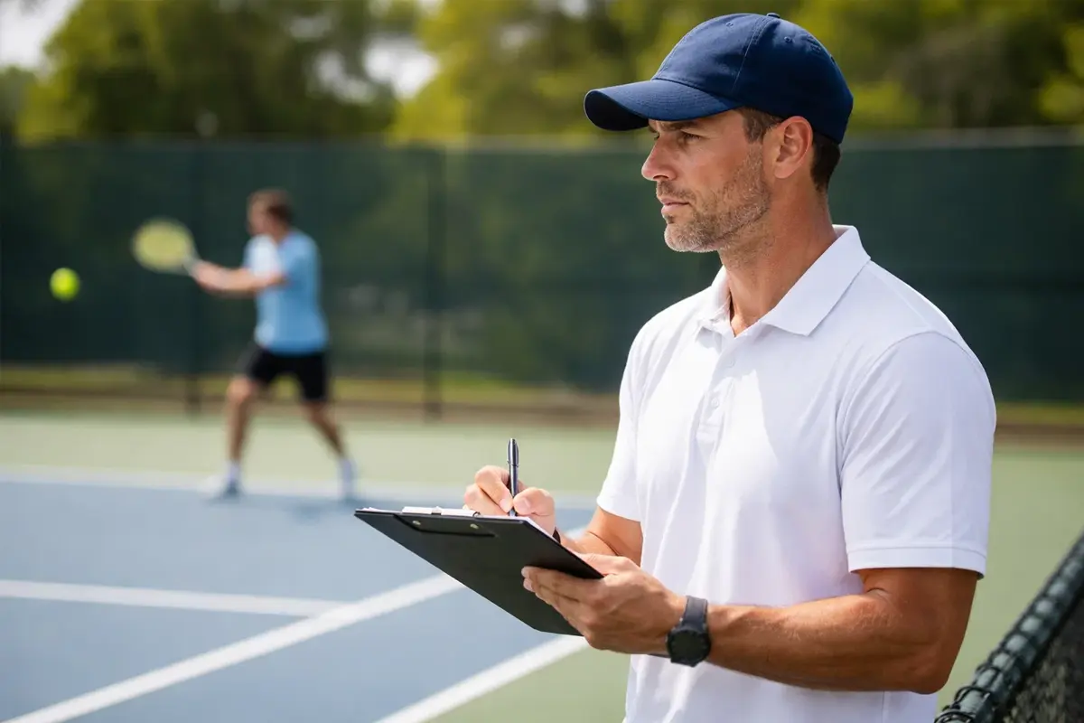 Coach de tennis étudiant le jeu d'un joueur