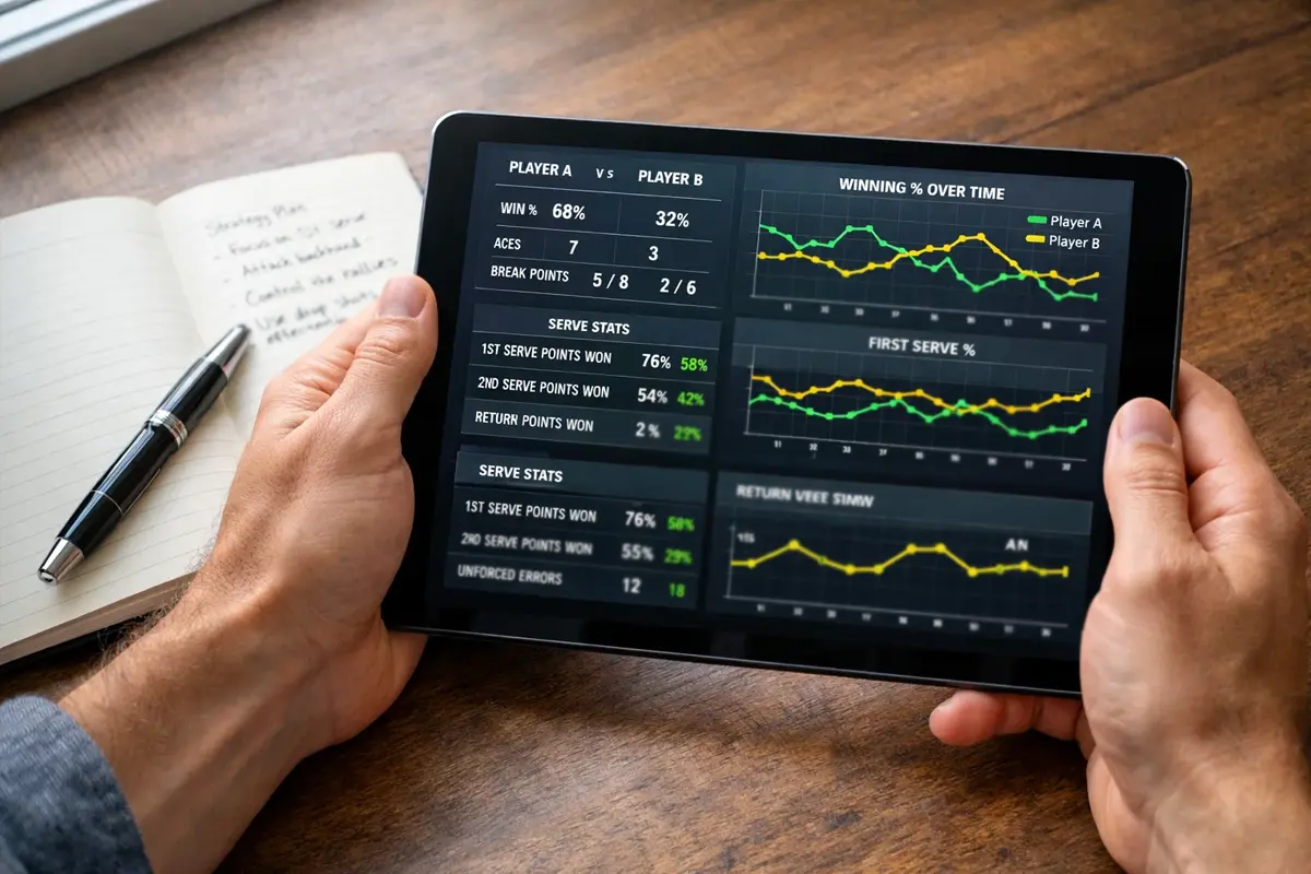 Personne analysant des statistiques tennis sur tablette avec carnet de notes