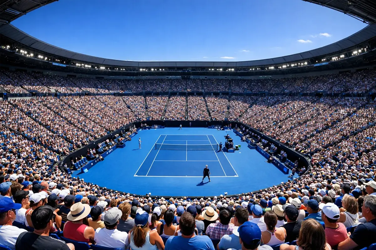 Stade de tennis rempli de spectateurs lors d'un Grand Chelem