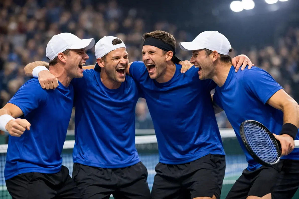 Équipe nationale de tennis célébrant en Coupe Davis