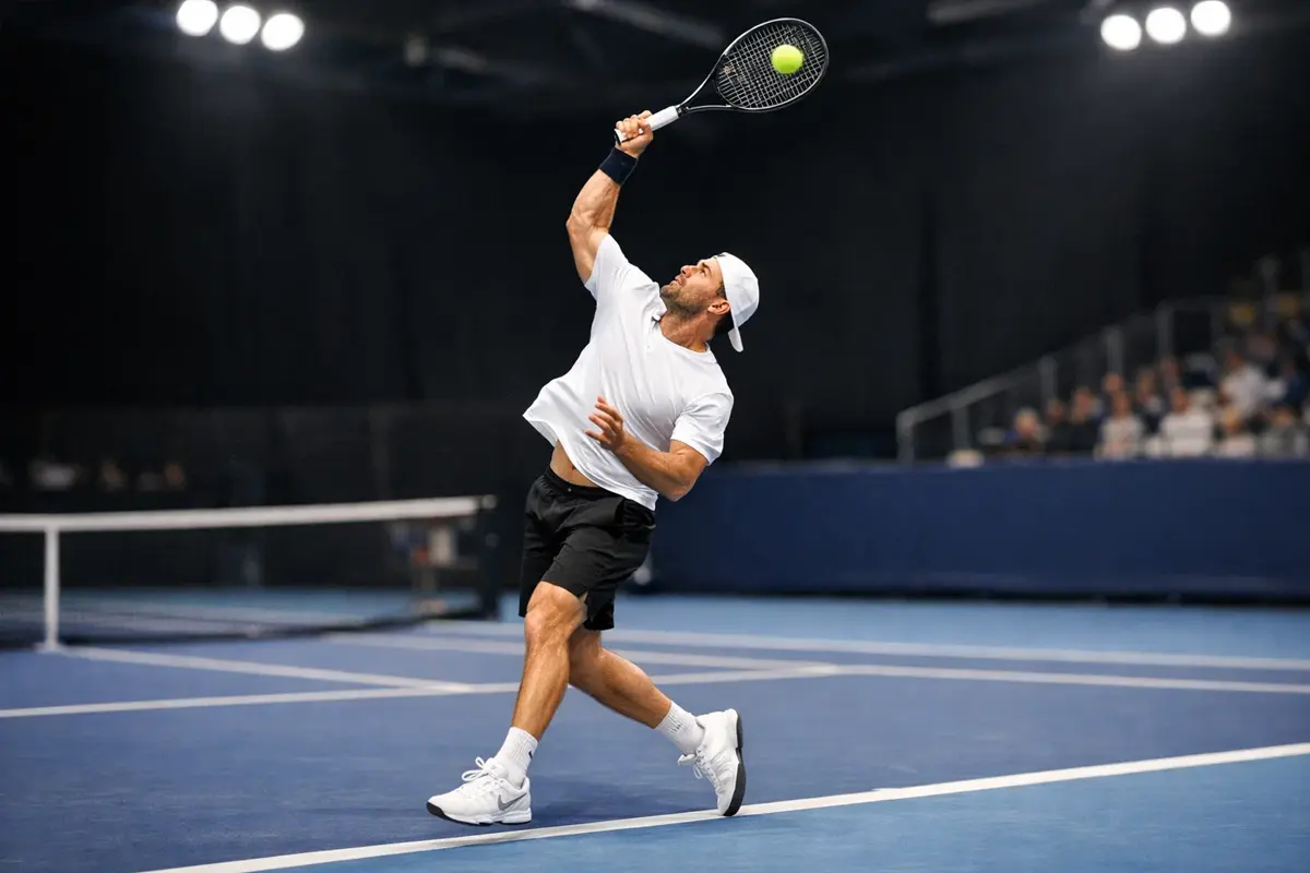 Joueur de tennis servant la balle sur surface dure