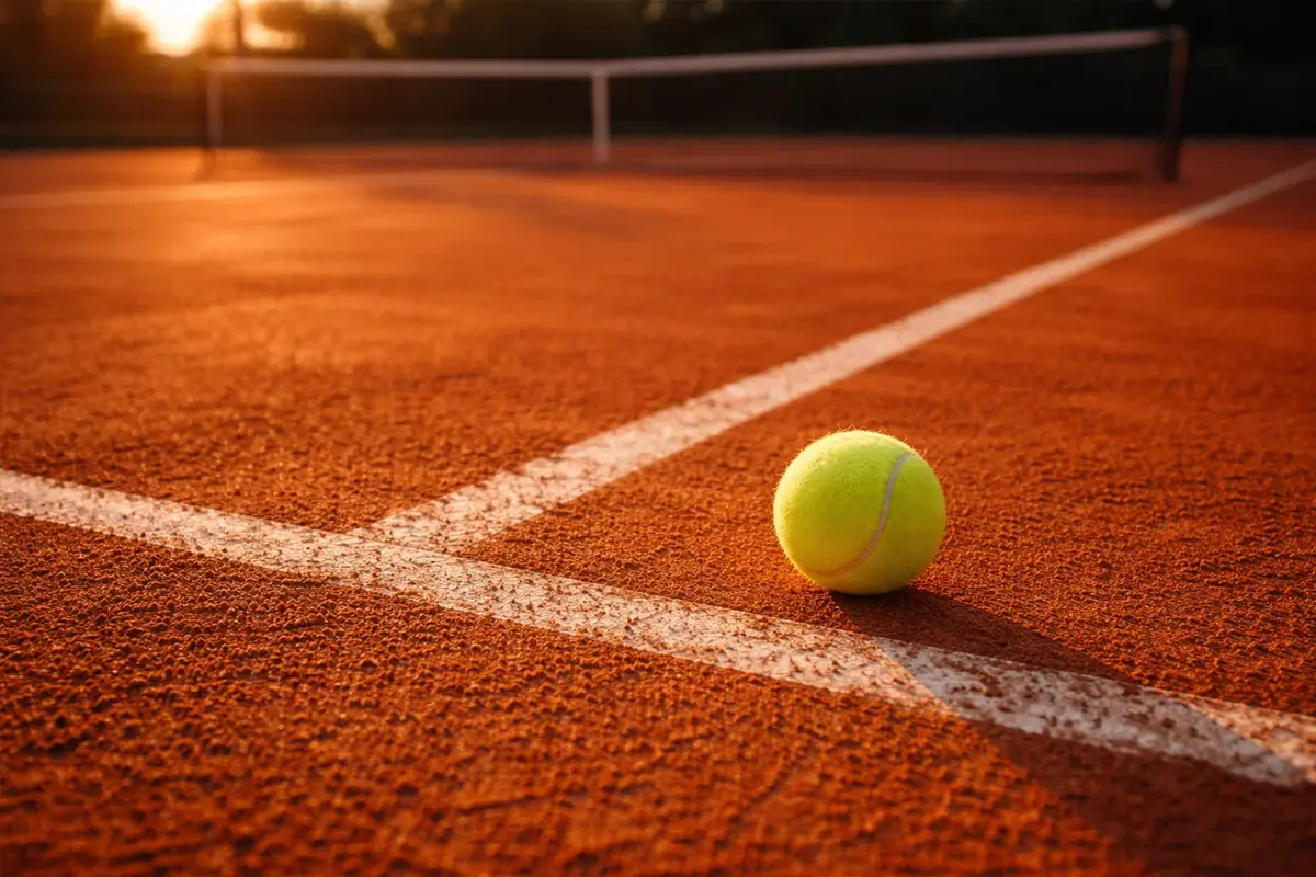 Court de tennis en terre battue avec balle et raquette sous lumière dorée