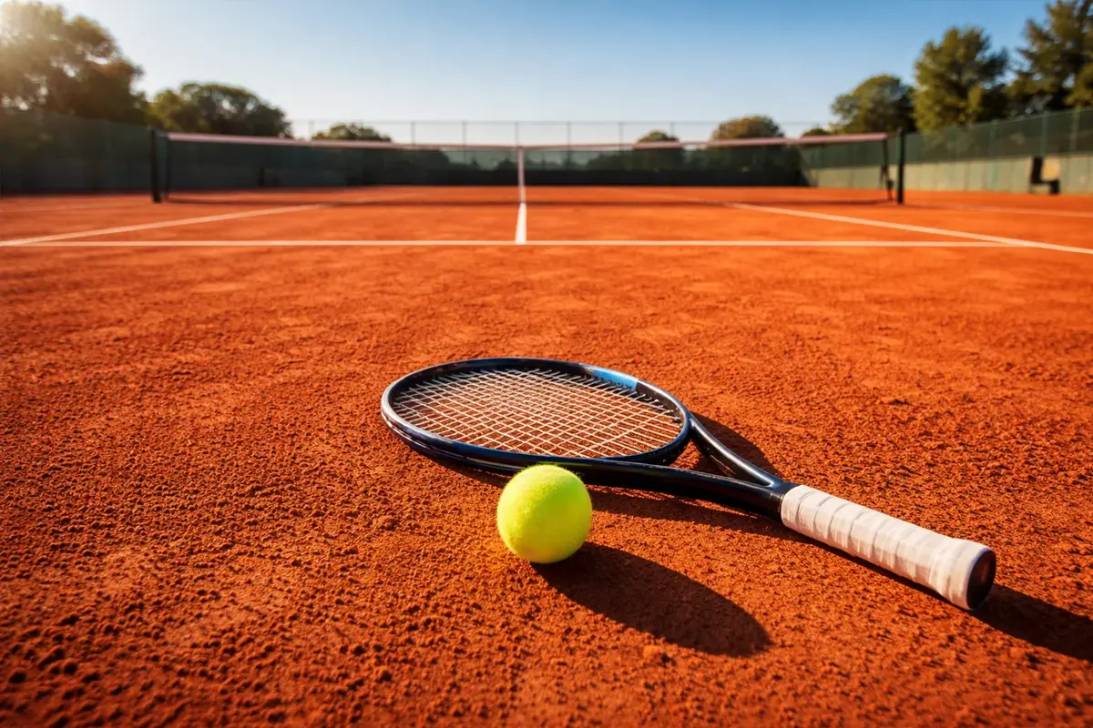 Court de tennis en terre battue avec raquette et balle