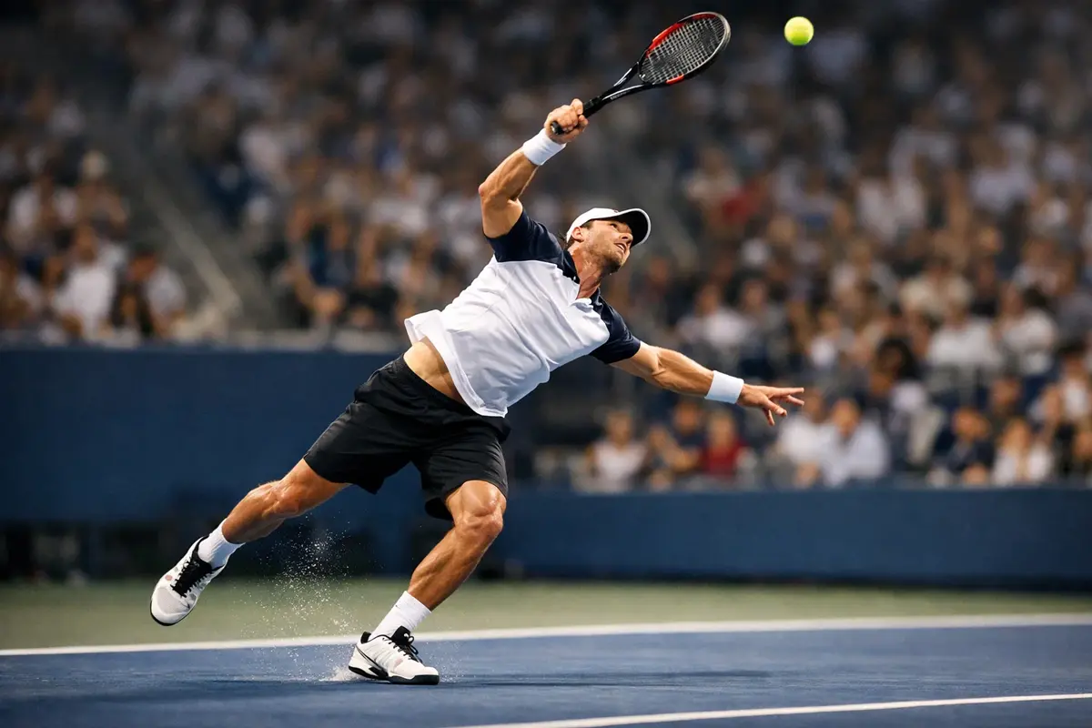Joueur de tennis professionnel effectuant un service puissant